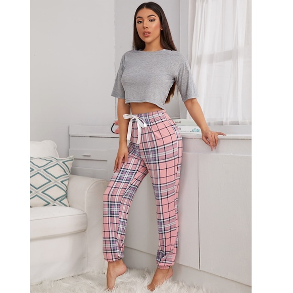 2 Piece Pajama Set, Loungewear Grey + Plaid - Picture 4 of 10